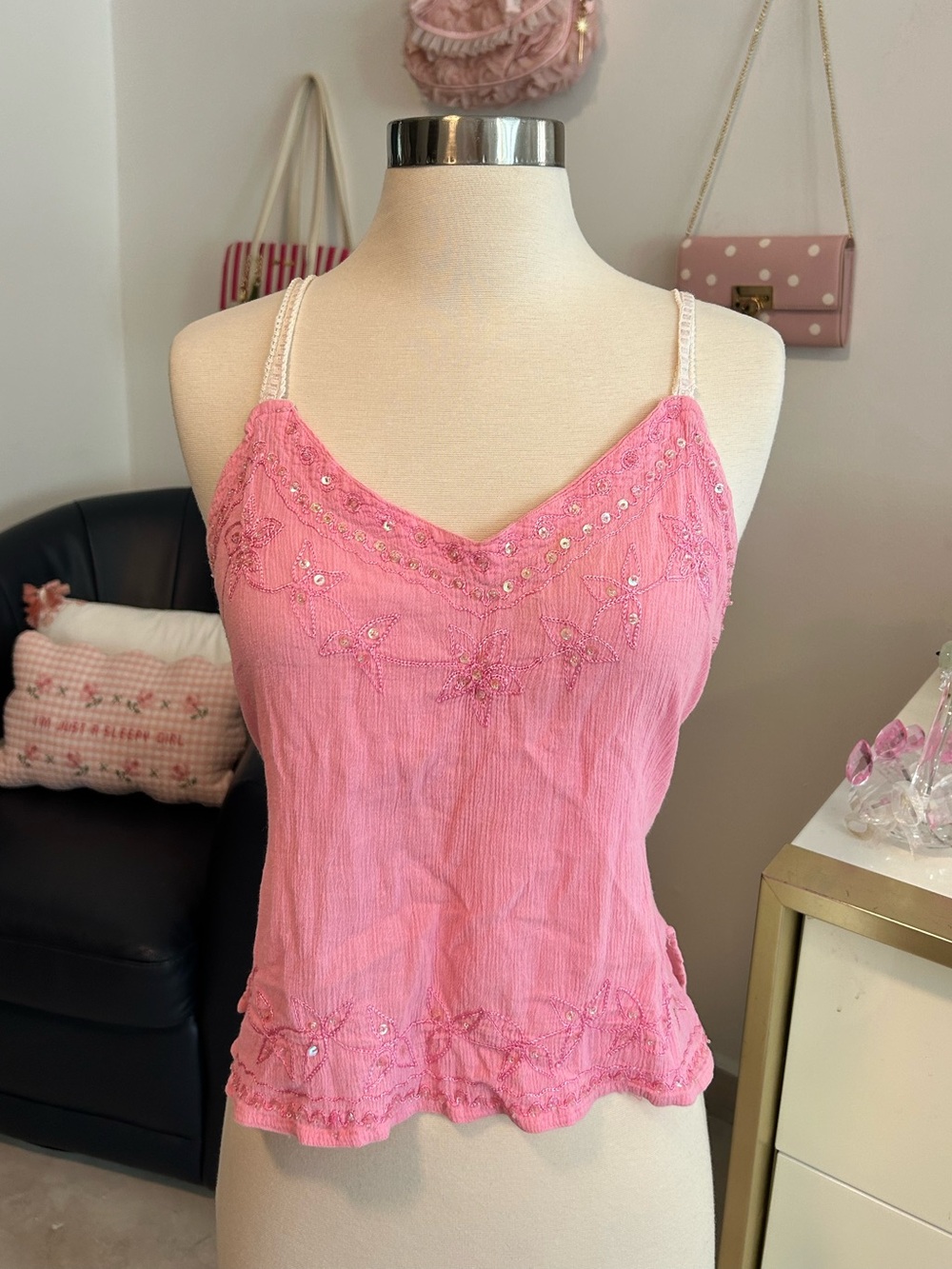 Pink Y2K Vintage Fairy Beaded Sequin Embroidered Embellished Tie Back Cami Top